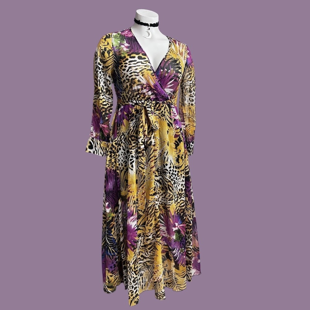 Leopard Floral Maxi Dress Long Sleeve Wrap Yellow Resort wear Vacation LARGE